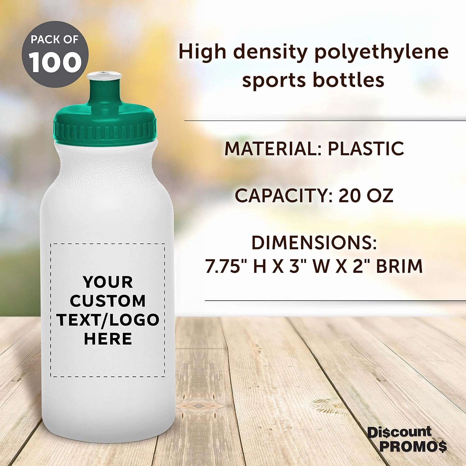DISCOUNT PROMOS Custom White Water Bottles with Push Cap -100 pack, Customizable Text, Logo, 20 oz, Reusable BPA FREE Squeezable Bottles in Bulk - White Green
