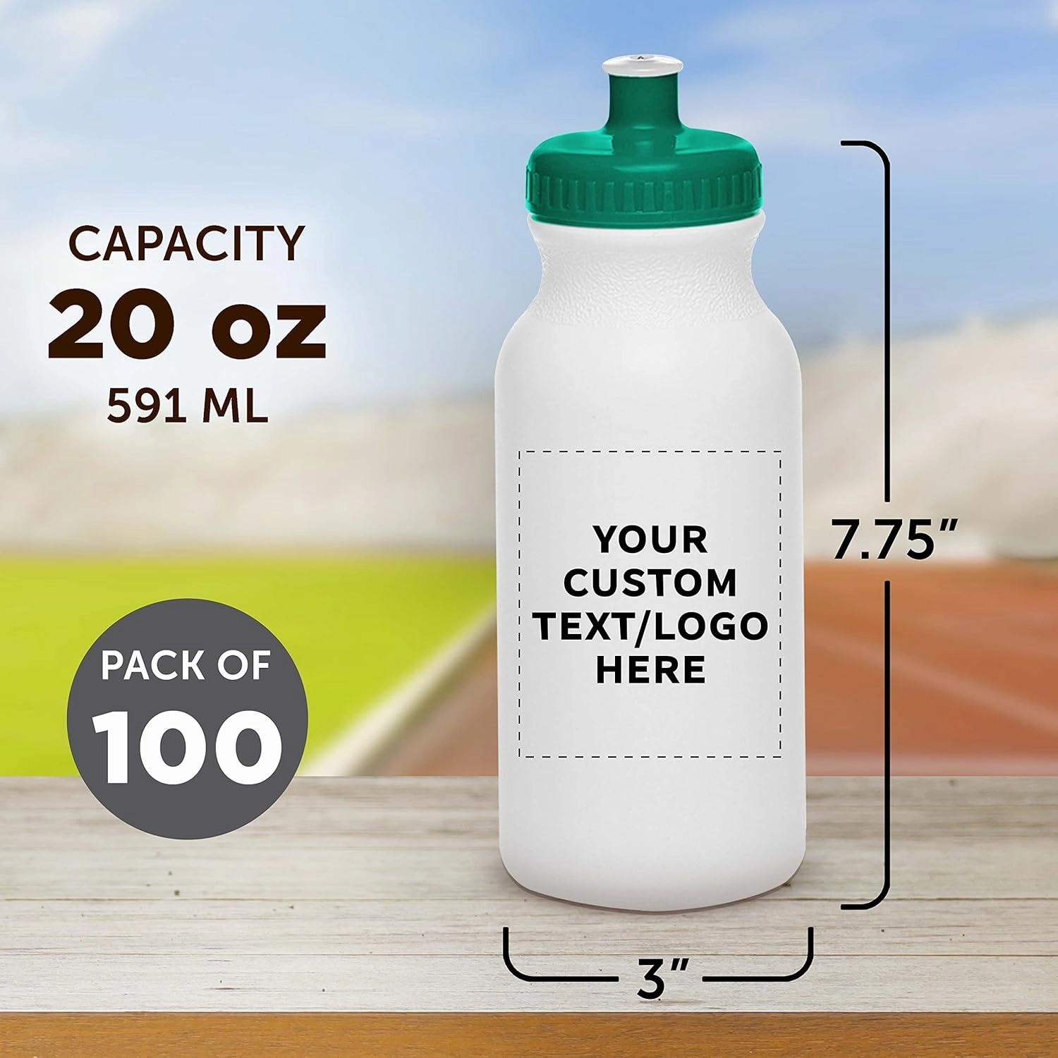 DISCOUNT PROMOS Custom White Water Bottles with Push Cap -100 pack, Customizable Text, Logo, 20 oz, Reusable BPA FREE Squeezable Bottles in Bulk - White Green
