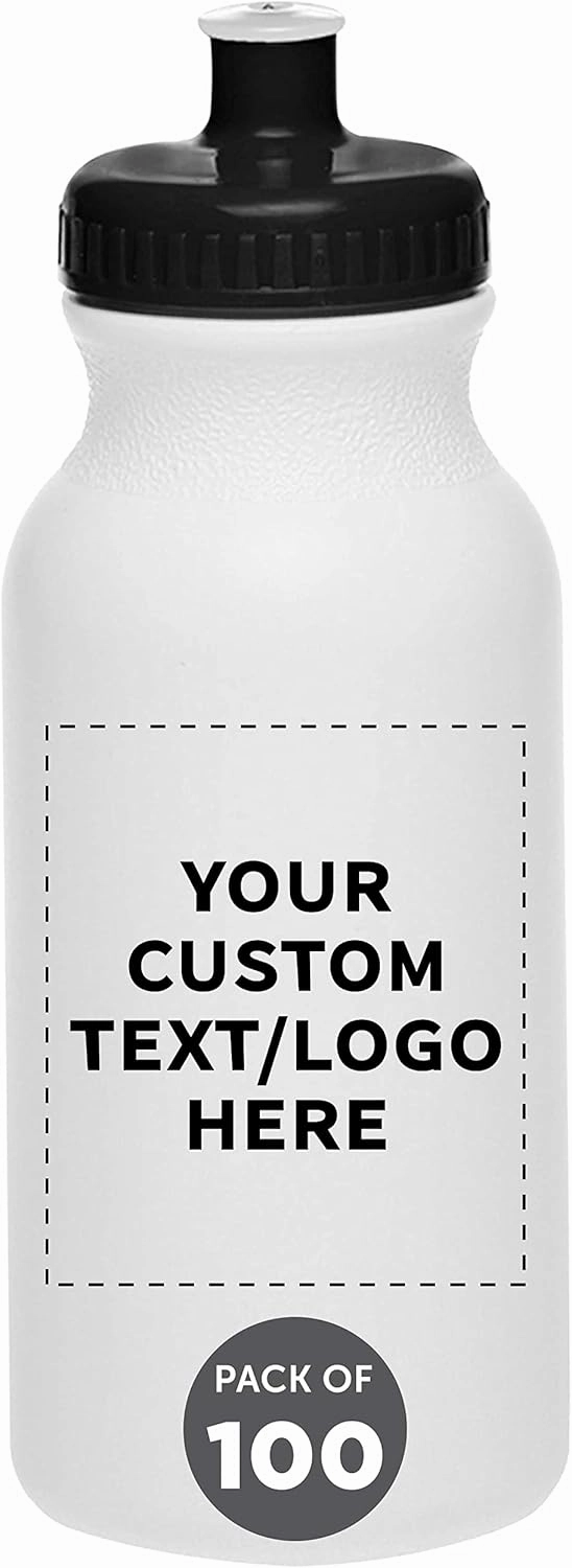 DISCOUNT PROMOS Custom White Water Bottles with Push Cap -100 pack, Customizable Text, Logo, 20 oz, Reusable BPA FREE Squeezable Bottles in Bulk, White Black