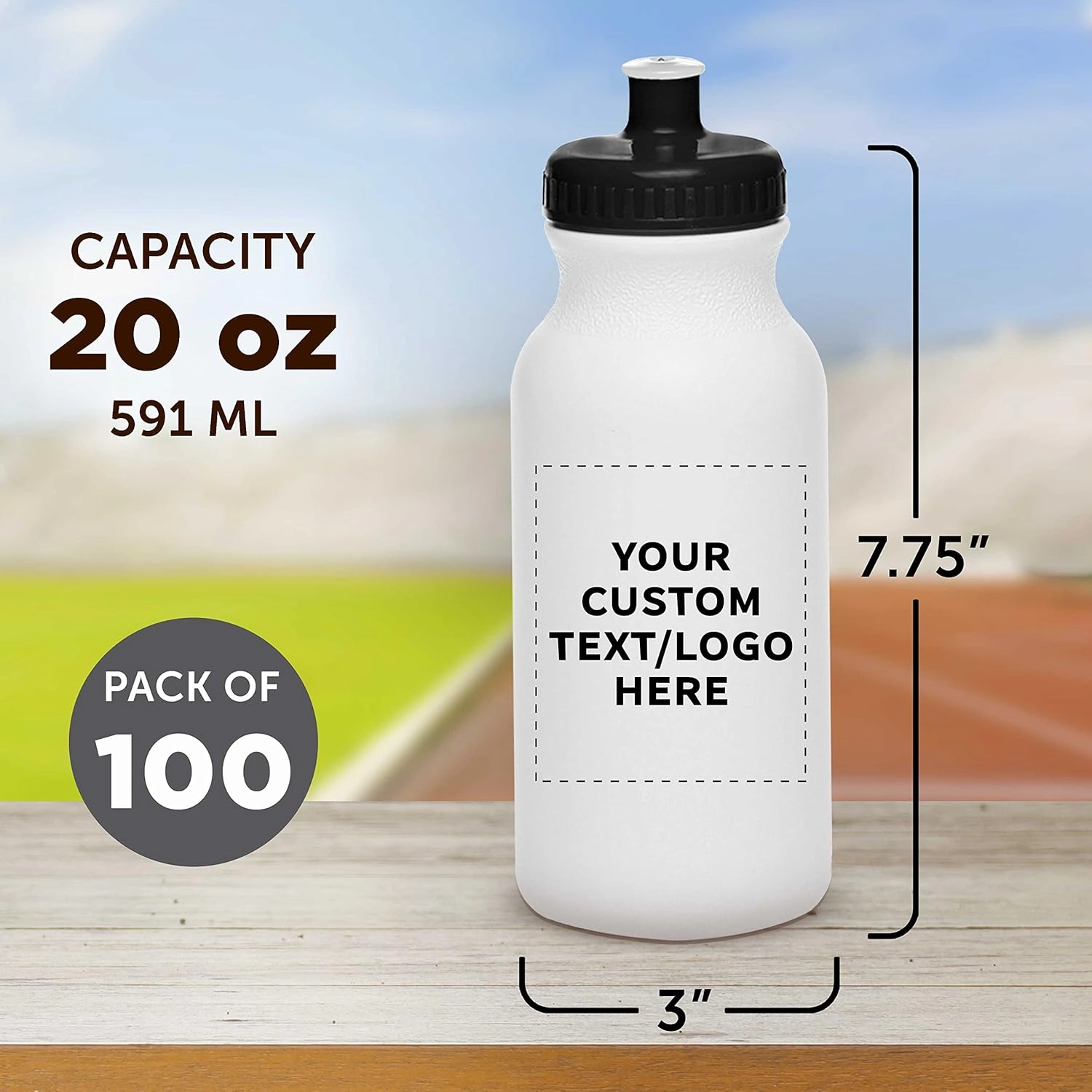 DISCOUNT PROMOS Custom White Water Bottles with Push Cap -100 pack, Customizable Text, Logo, 20 oz, Reusable BPA FREE Squeezable Bottles in Bulk, White Black