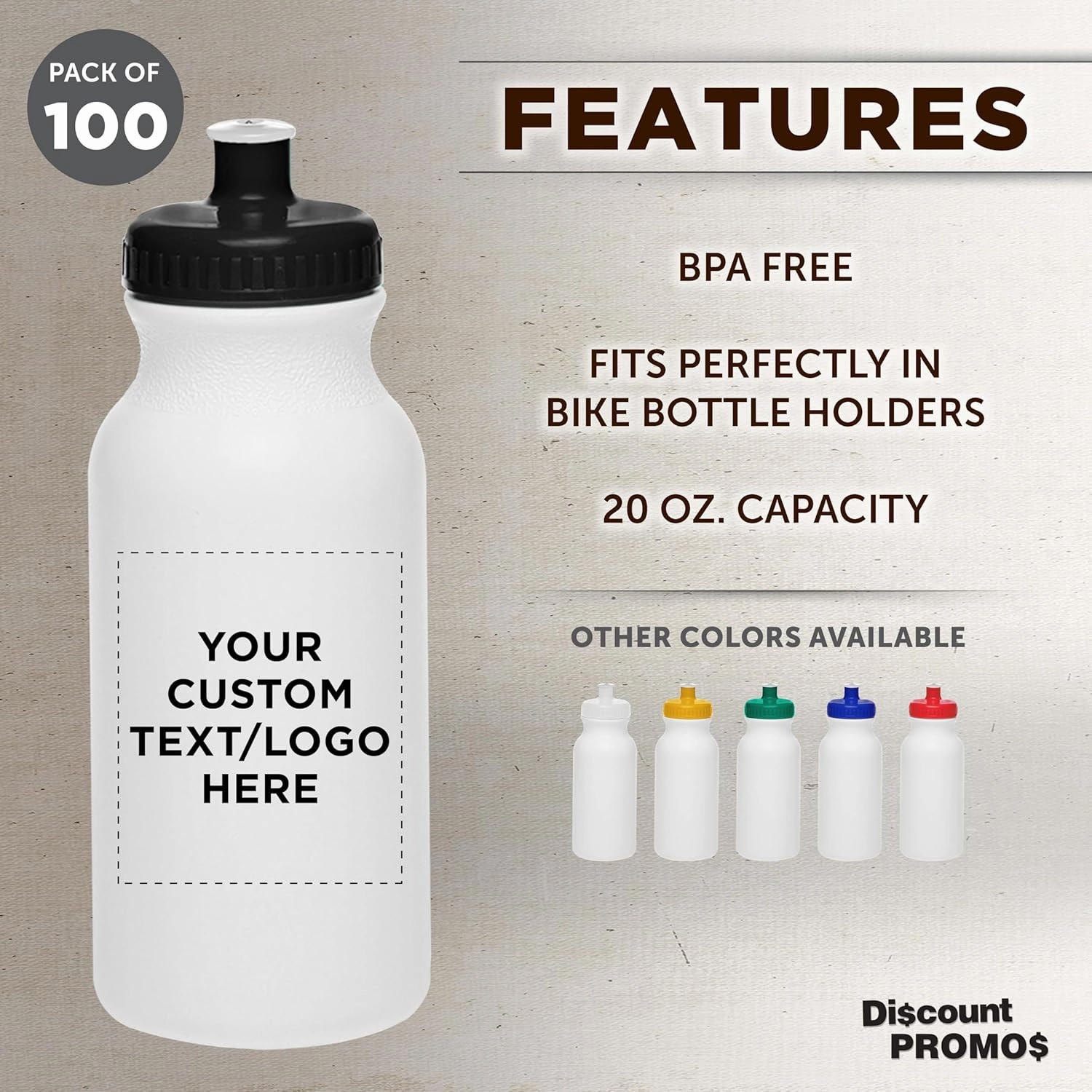 DISCOUNT PROMOS Custom White Water Bottles with Push Cap -100 pack, Customizable Text, Logo, 20 oz, Reusable BPA FREE Squeezable Bottles in Bulk, White Black