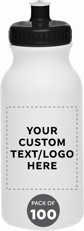 DISCOUNT PROMOS Custom White Water Bottles with Push Cap -100 pack, Customizable Text, Logo, 20 oz, Reusable BPA FREE Squeezable Bottles in Bulk, White Black