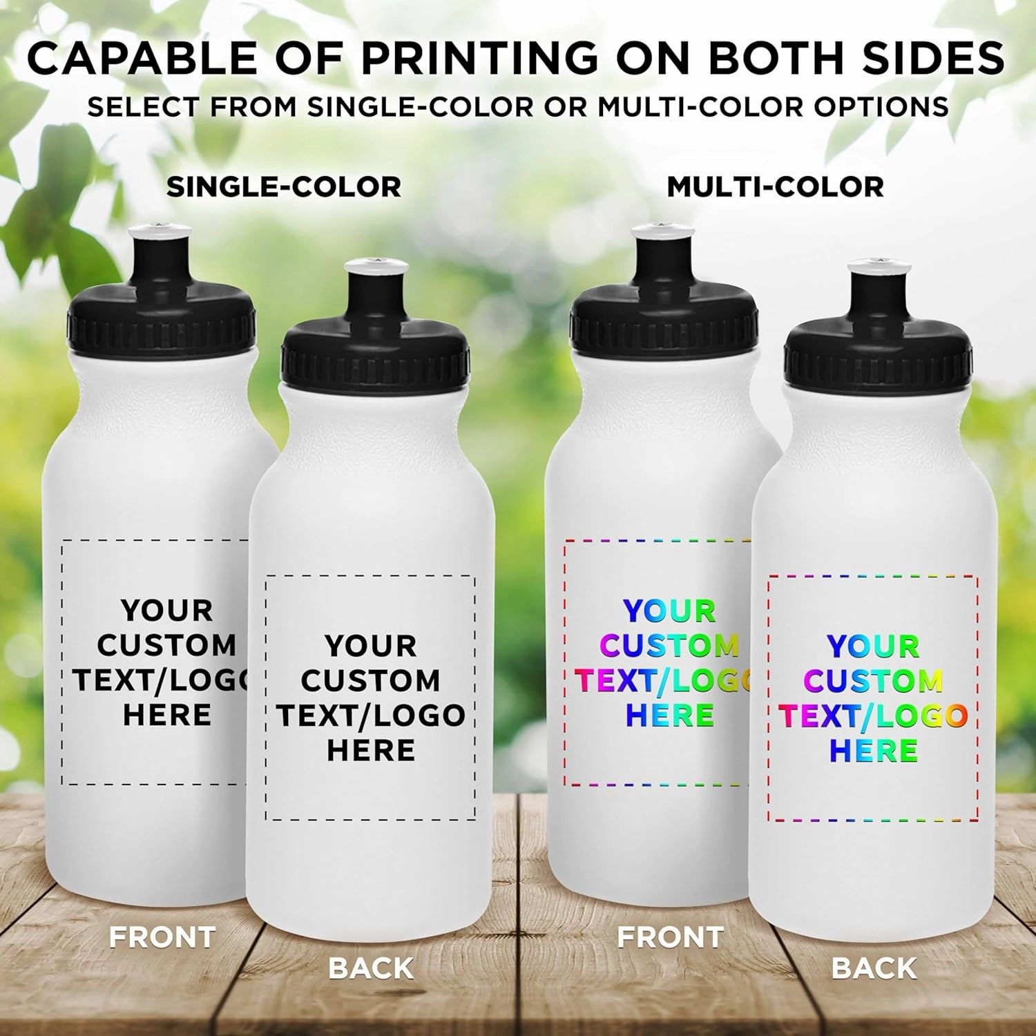 DISCOUNT PROMOS Custom White Water Bottles with Push Cap -100 pack, Customizable Text, Logo, 20 oz, Reusable BPA FREE Squeezable Bottles in Bulk, White Black