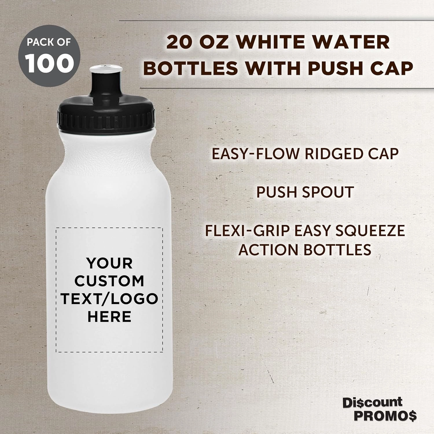 DISCOUNT PROMOS Custom White Water Bottles with Push Cap -100 pack, Customizable Text, Logo, 20 oz, Reusable BPA FREE Squeezable Bottles in Bulk, White Black