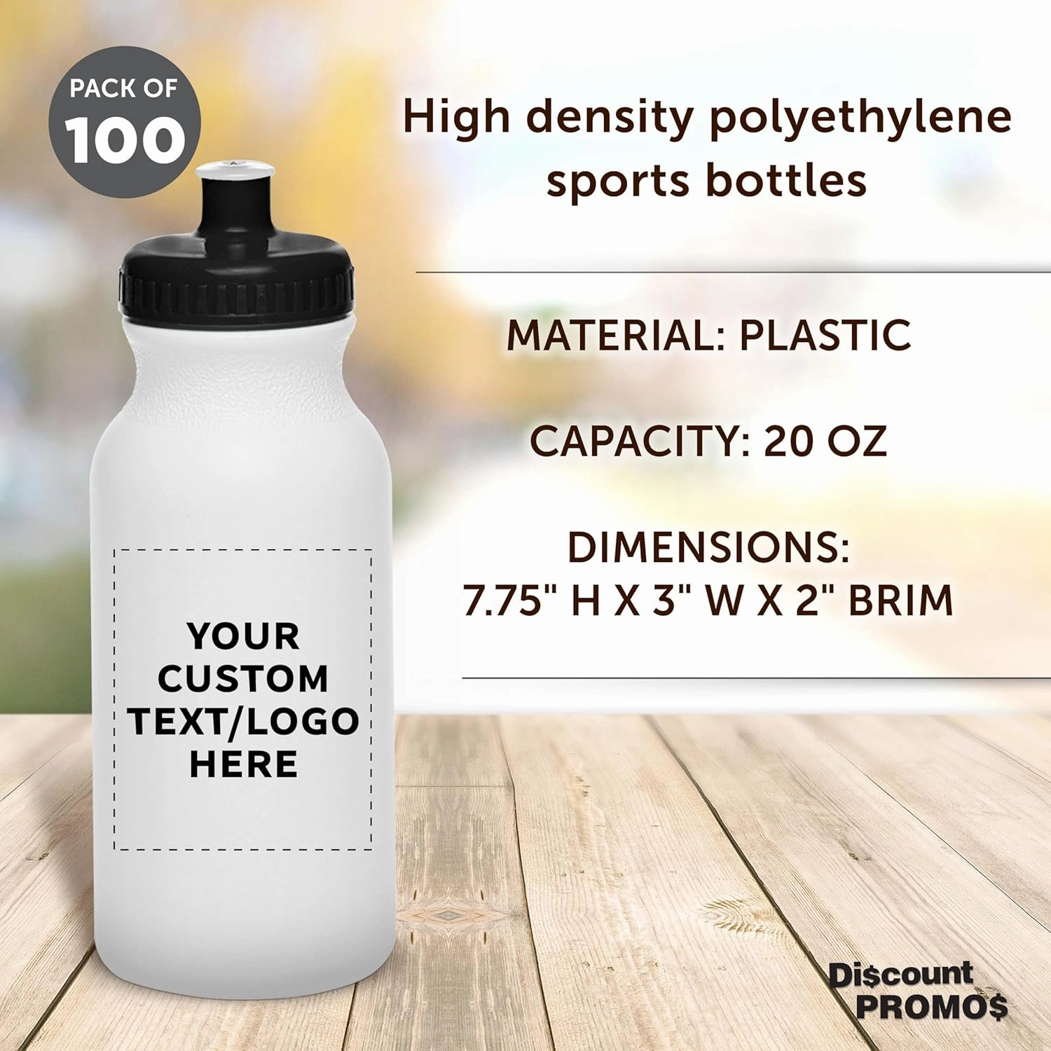 DISCOUNT PROMOS Custom White Water Bottles with Push Cap -100 pack, Customizable Text, Logo, 20 oz, Reusable BPA FREE Squeezable Bottles in Bulk, White Black