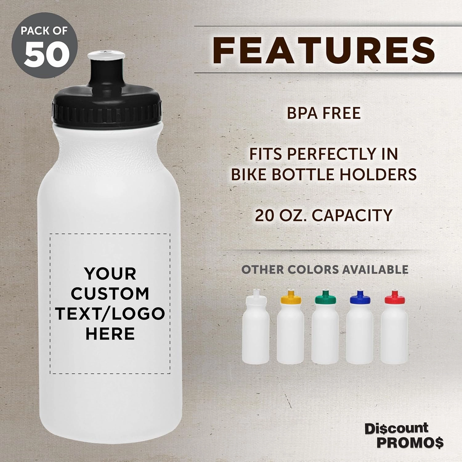 DISCOUNT PROMOS Custom White Water Bottles with Push Cap -50 pack, Customizable Text, Logo, 20 oz, Reusable BPA FREE Squeezable Bottles in Bulk, White Black