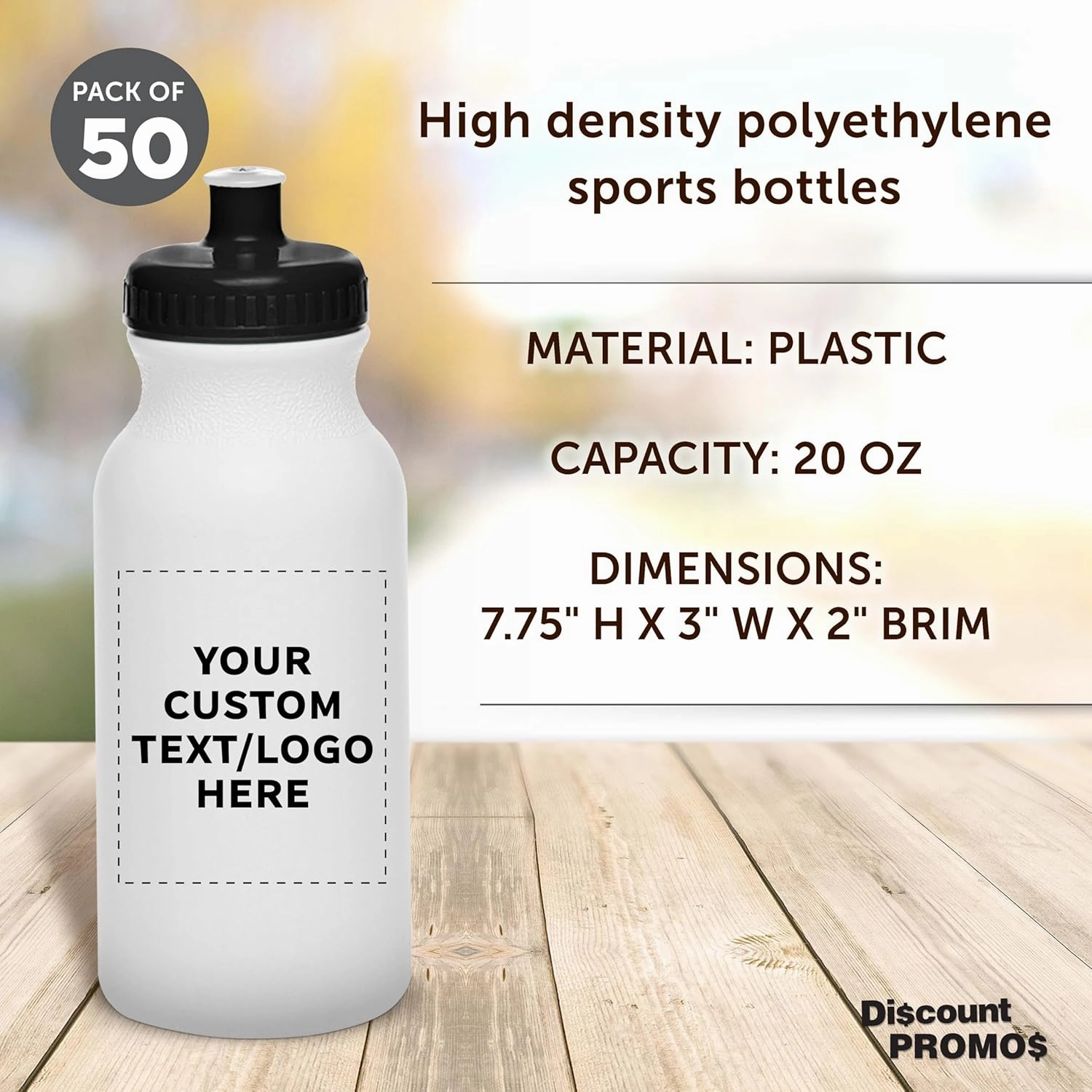 DISCOUNT PROMOS Custom White Water Bottles with Push Cap -50 pack, Customizable Text, Logo, 20 oz, Reusable BPA FREE Squeezable Bottles in Bulk, White Black