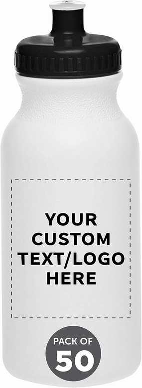 DISCOUNT PROMOS Custom White Water Bottles with Push Cap -50 pack, Customizable Text, Logo, 20 oz, Reusable BPA FREE Squeezable Bottles in Bulk, White Black