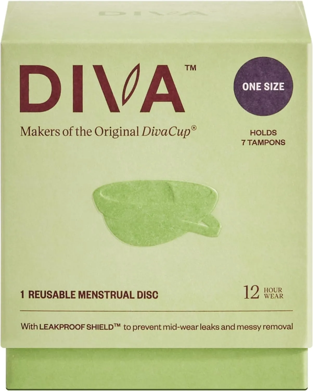 Diva Disc - Comfortable, Reusable Menstrual Disc with Leakproof Shield - for Up to 12 Hours of Continuous Wear - 100% Medical Grade Silicone - Holds 7 Tampons of Flow - One Size Fits Most