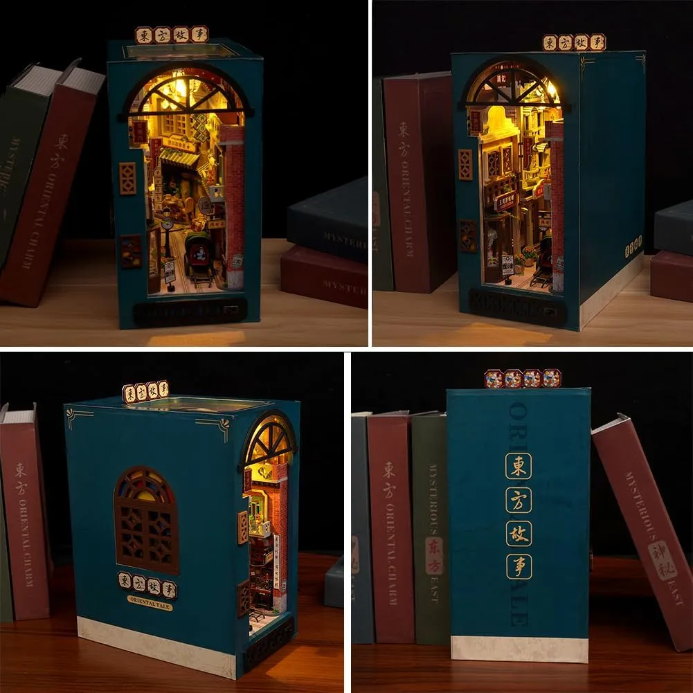DIY Book Nook Kit Bookend Stand Bookshelf Insert Bookcase Miniature House Room Model with LED Light 3D Wooden Puzzle Model Building (an Oriental Tale)