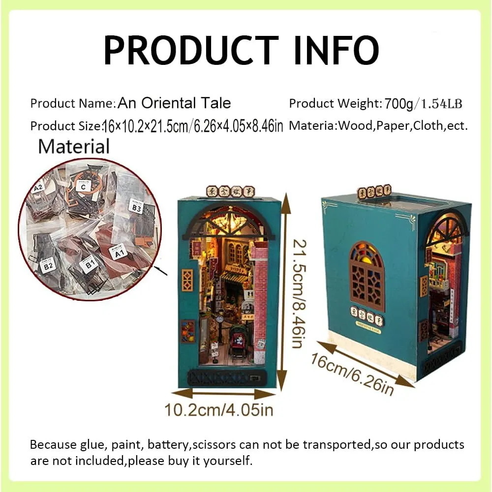 DIY Book Nook Kit Bookend Stand Bookshelf Insert Bookcase Miniature House Room Model with LED Light 3D Wooden Puzzle Model Building (an Oriental Tale)
