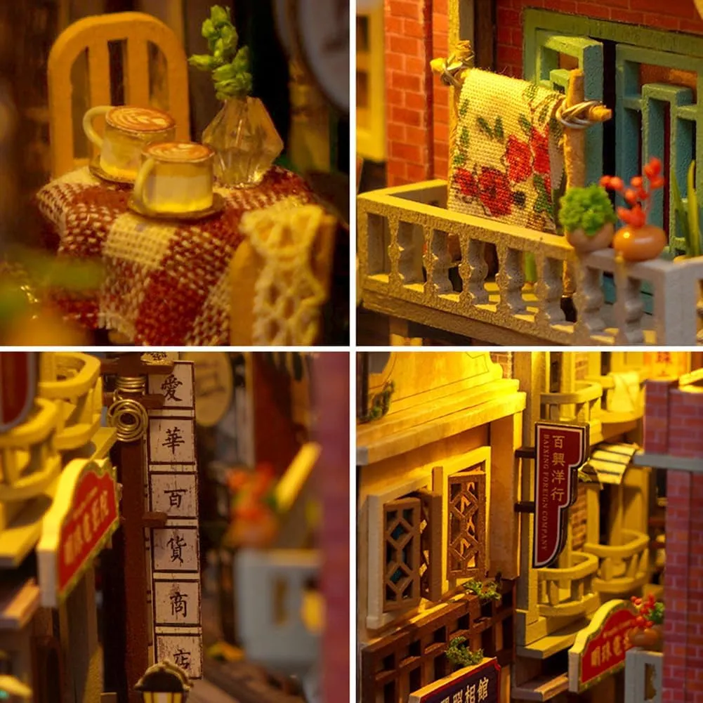 DIY Book Nook Kit Bookend Stand Bookshelf Insert Bookcase Miniature House Room Model with LED Light 3D Wooden Puzzle Model Building (an Oriental Tale)