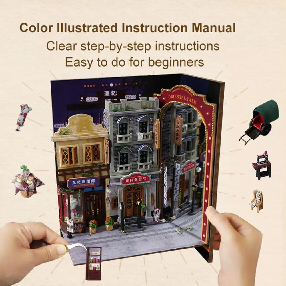 DIY Book Nook Kit Bookend Stand Bookshelf Insert Bookcase Miniature House Room Model with LED Light 3D Wooden Puzzle Model Building (an Oriental Tale)