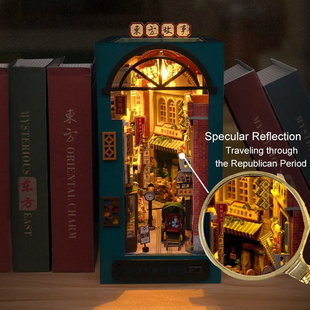 DIY Book Nook Kit Bookend Stand Bookshelf Insert Bookcase Miniature House Room Model with LED Light 3D Wooden Puzzle Model Building (an Oriental Tale)