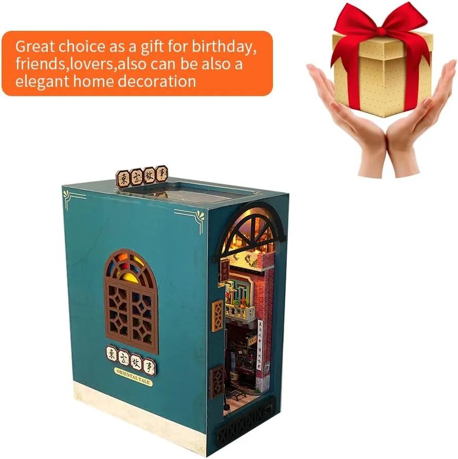 DIY Book Nook Kit Bookend Stand Bookshelf Insert Bookcase Miniature House Room Model with LED Light 3D Wooden Puzzle Model Building (an Oriental Tale)