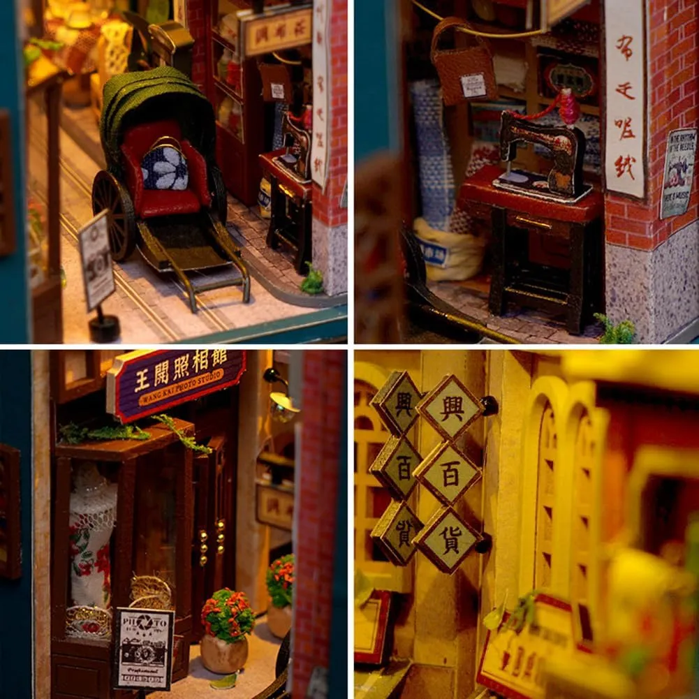 DIY Book Nook Kit Bookend Stand Bookshelf Insert Bookcase Miniature House Room Model with LED Light 3D Wooden Puzzle Model Building (an Oriental Tale)