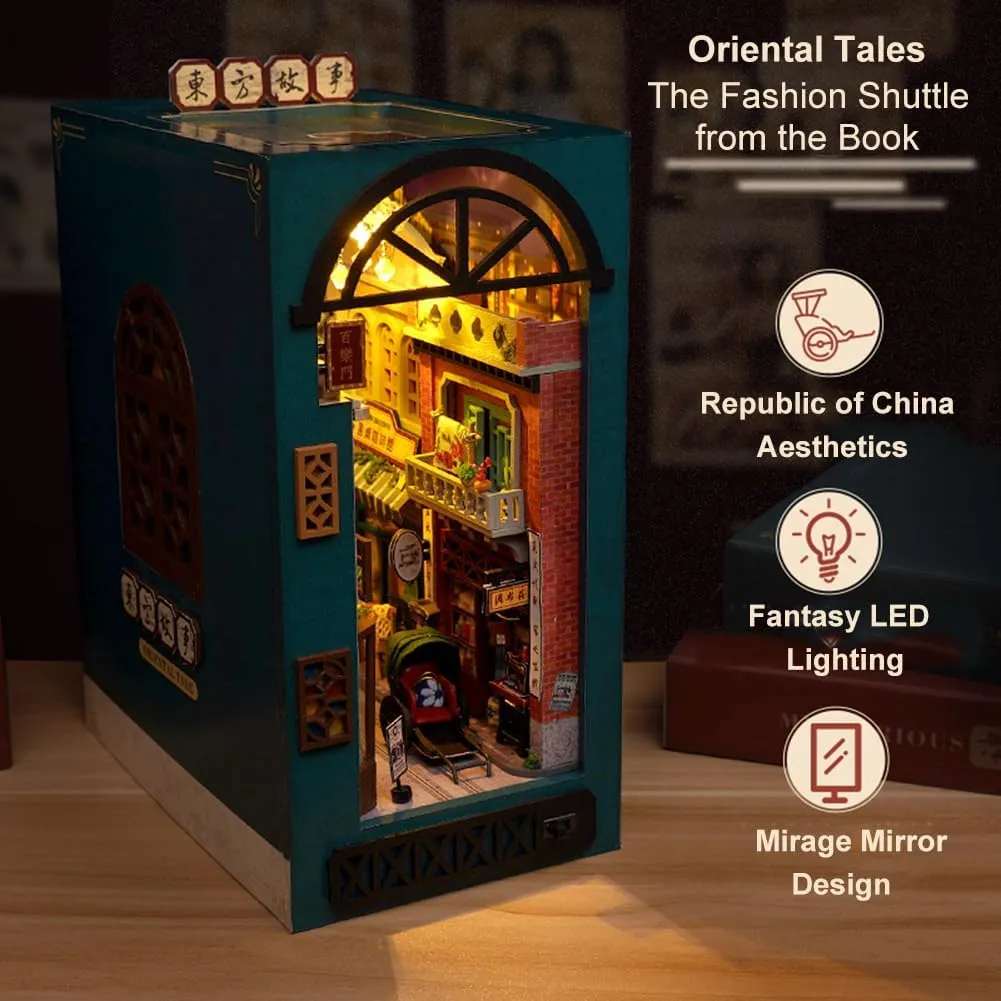 DIY Book Nook Kit Bookend Stand Bookshelf Insert Bookcase Miniature House Room Model with LED Light 3D Wooden Puzzle Model Building (an Oriental Tale)