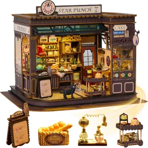 DIY Miniature House Kit - Coffee Shop Wooden Dollhouse Kit with LED Lights -Mini House Making Kit with Furniture - Tiny House kit for Adults to Build - Miniature Kits Craft Gift