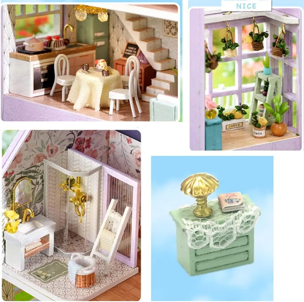 DIY Miniature Wooden Dollhouse Furniture Kit,Mini Handmade Doll House with LED,1:24 Scale Creative Woodcrafts Toys for Adult Friend Lover Birthday Gift (Happy House)