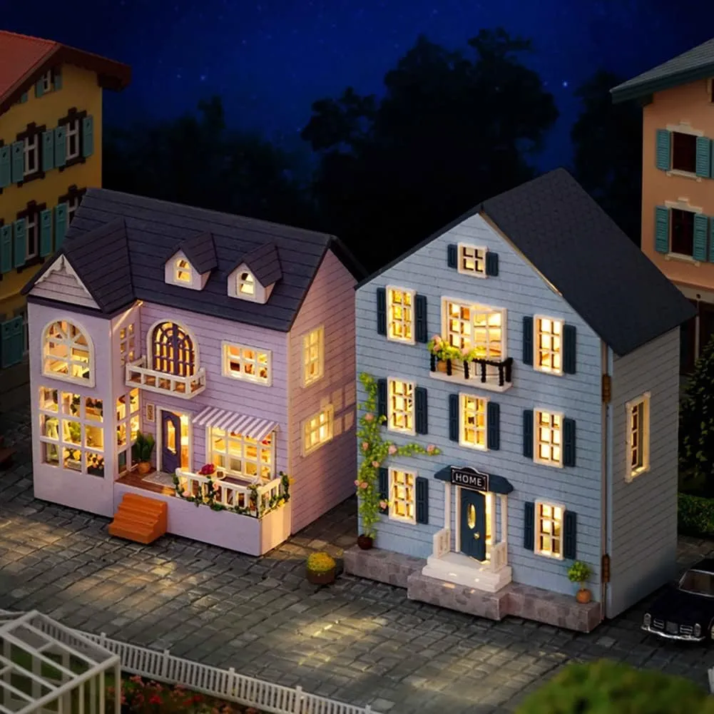 DIY Miniature Wooden Dollhouse Furniture Kit,Mini Handmade Doll House with LED,1:24 Scale Creative Woodcrafts Toys for Adult Friend Lover Birthday Gift (Happy House)