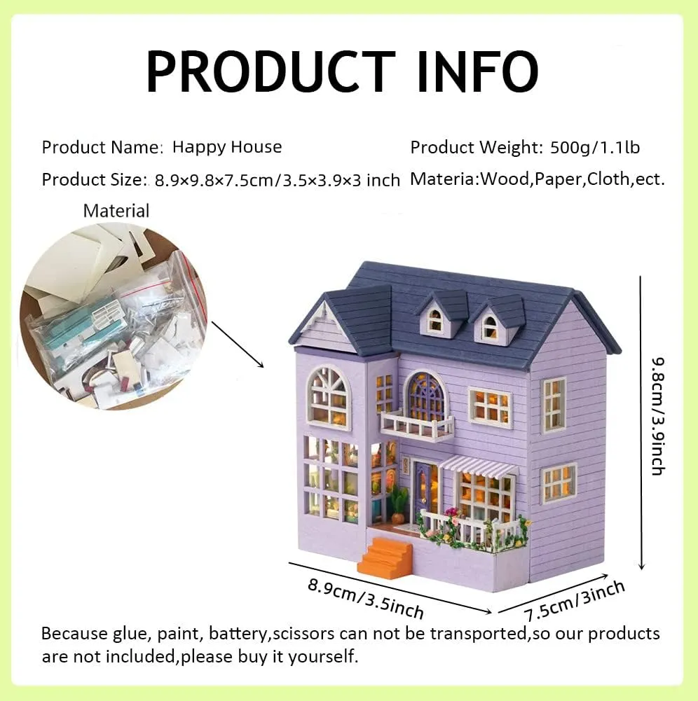 DIY Miniature Wooden Dollhouse Furniture Kit,Mini Handmade Doll House with LED,1:24 Scale Creative Woodcrafts Toys for Adult Friend Lover Birthday Gift (Happy House)