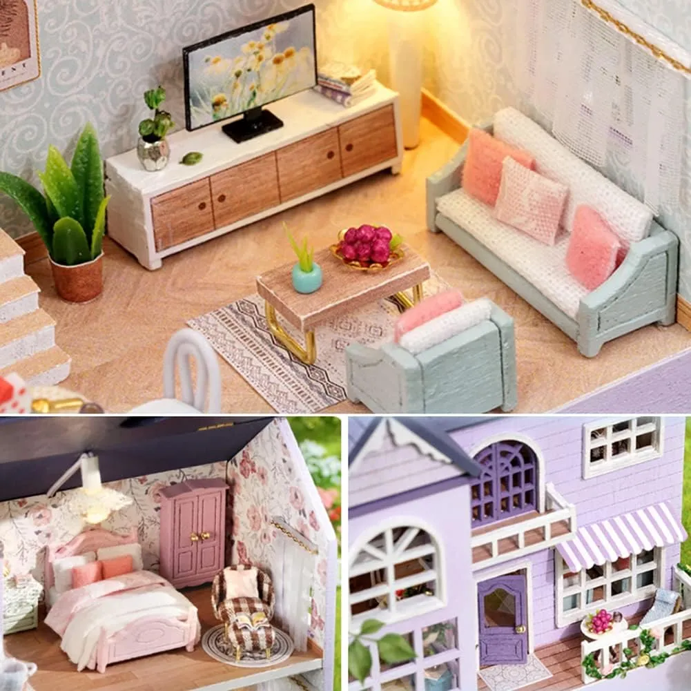 DIY Miniature Wooden Dollhouse Furniture Kit,Mini Handmade Doll House with LED,1:24 Scale Creative Woodcrafts Toys for Adult Friend Lover Birthday Gift (Happy House)