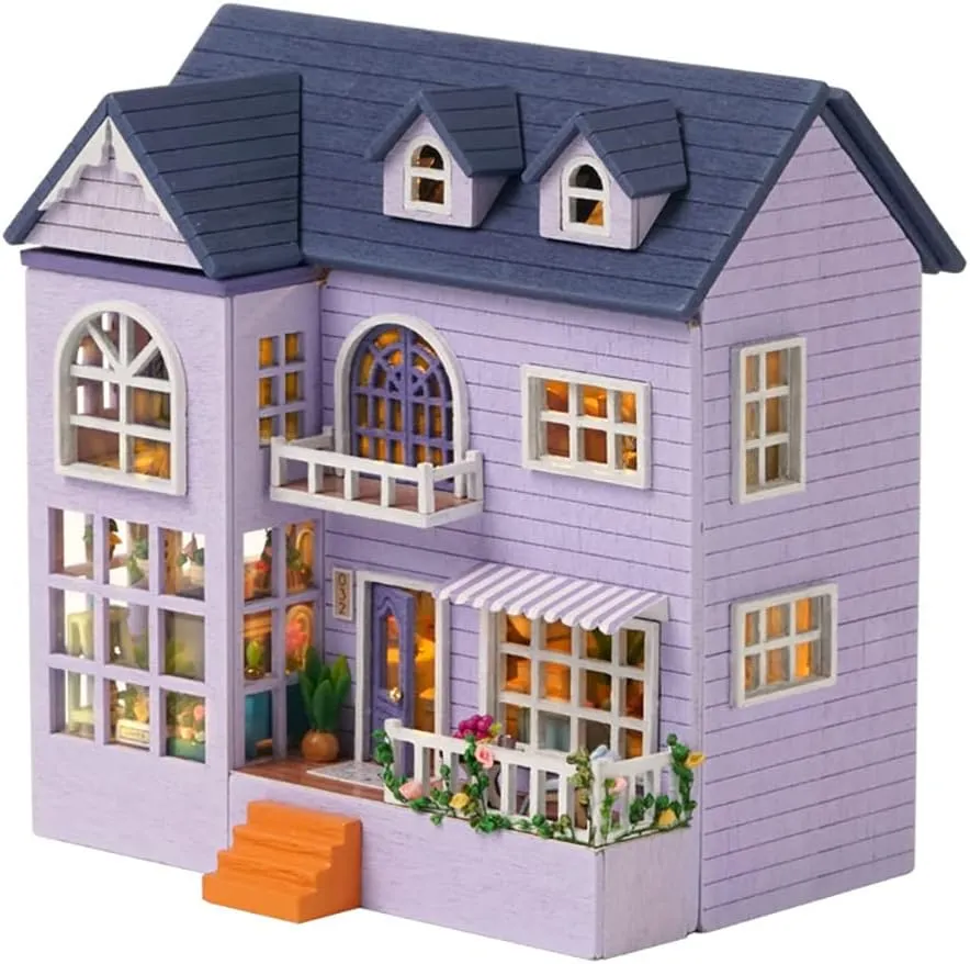 DIY Miniature Wooden Dollhouse Furniture Kit,Mini Handmade Doll House with LED,1:24 Scale Creative Woodcrafts Toys for Adult Friend Lover Birthday Gift (Happy House)