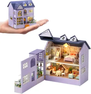 DIY Miniature Wooden Dollhouse Furniture Kit,Mini Handmade Doll House with LED,1:24 Scale Creative Woodcrafts Toys for Adult Friend Lover Birthday Gift (Happy House)