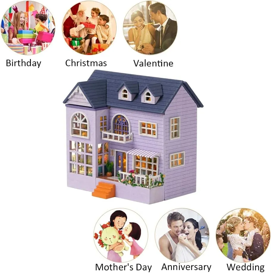DIY Miniature Wooden Dollhouse Furniture Kit,Mini Handmade Doll House with LED,1:24 Scale Creative Woodcrafts Toys for Adult Friend Lover Birthday Gift (Happy House)