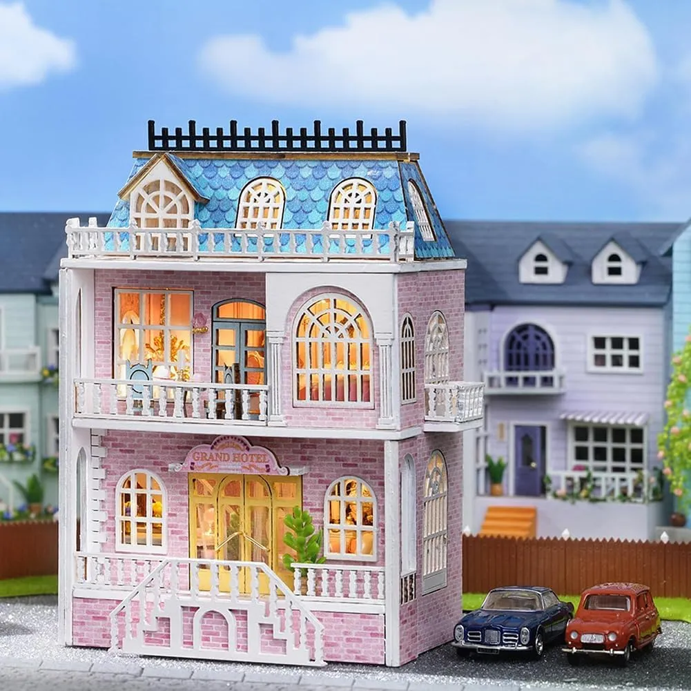 DIY Miniature Wooden Dollhouse Furniture Kit,Mini Handmade Doll House with LED,1:24 Scale Creative Woodcrafts Toys for Adult Friend Lover Birthday Gift (Romantic Castle)