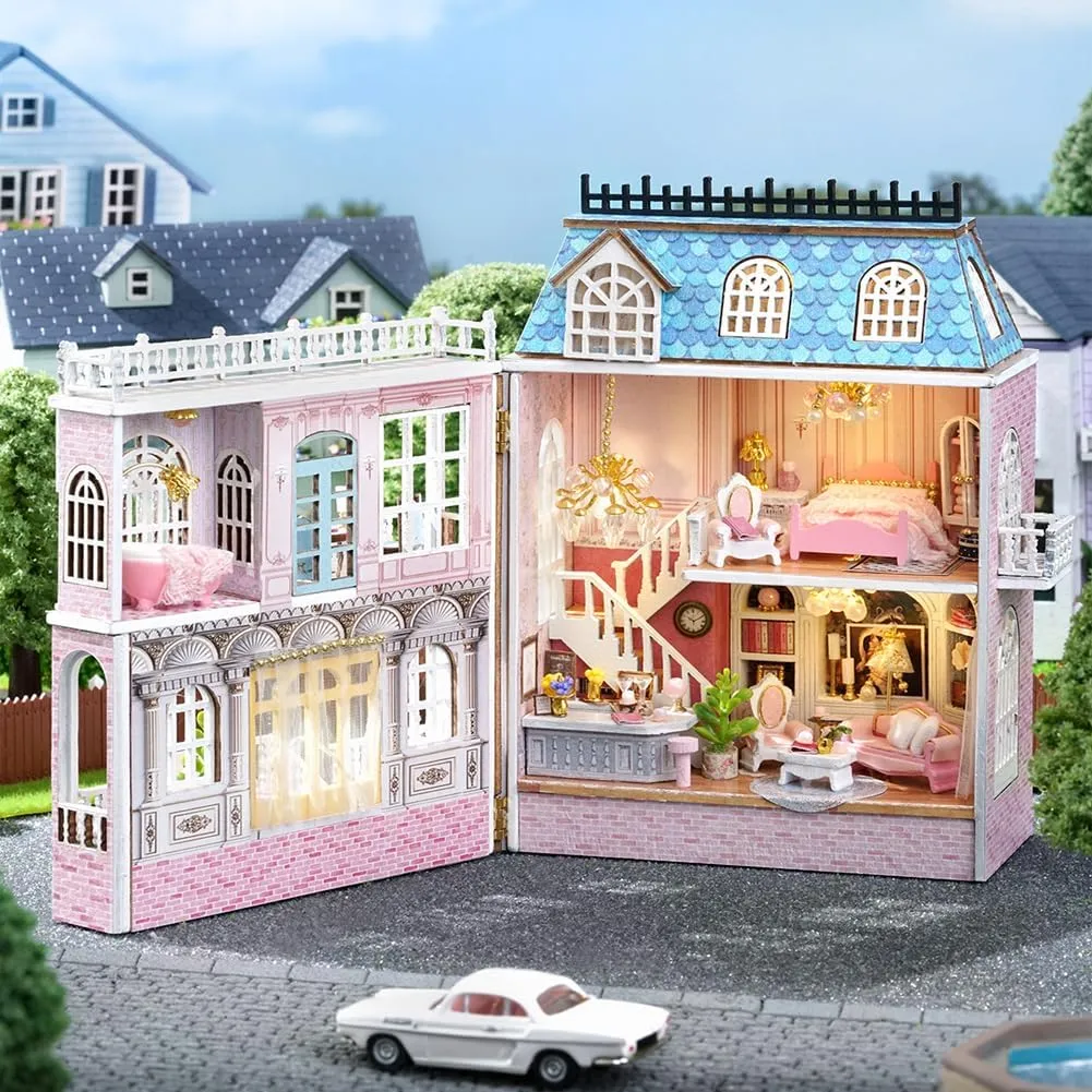 DIY Miniature Wooden Dollhouse Furniture Kit,Mini Handmade Doll House with LED,1:24 Scale Creative Woodcrafts Toys for Adult Friend Lover Birthday Gift (Romantic Castle)