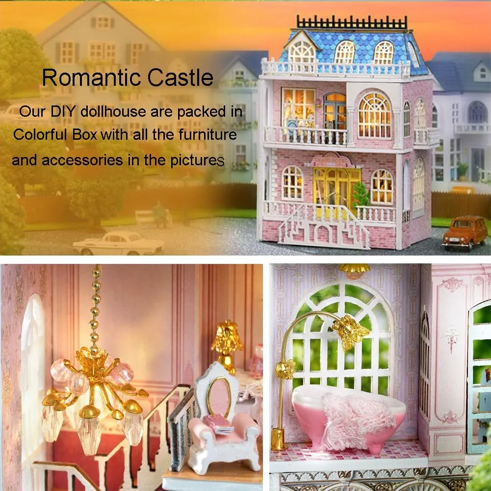 DIY Miniature Wooden Dollhouse Furniture Kit,Mini Handmade Doll House with LED,1:24 Scale Creative Woodcrafts Toys for Adult Friend Lover Birthday Gift (Romantic Castle)