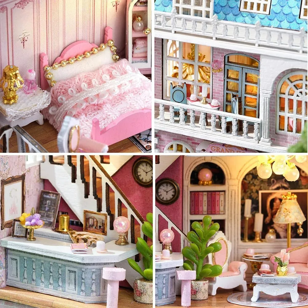 DIY Miniature Wooden Dollhouse Furniture Kit,Mini Handmade Doll House with LED,1:24 Scale Creative Woodcrafts Toys for Adult Friend Lover Birthday Gift (Romantic Castle)