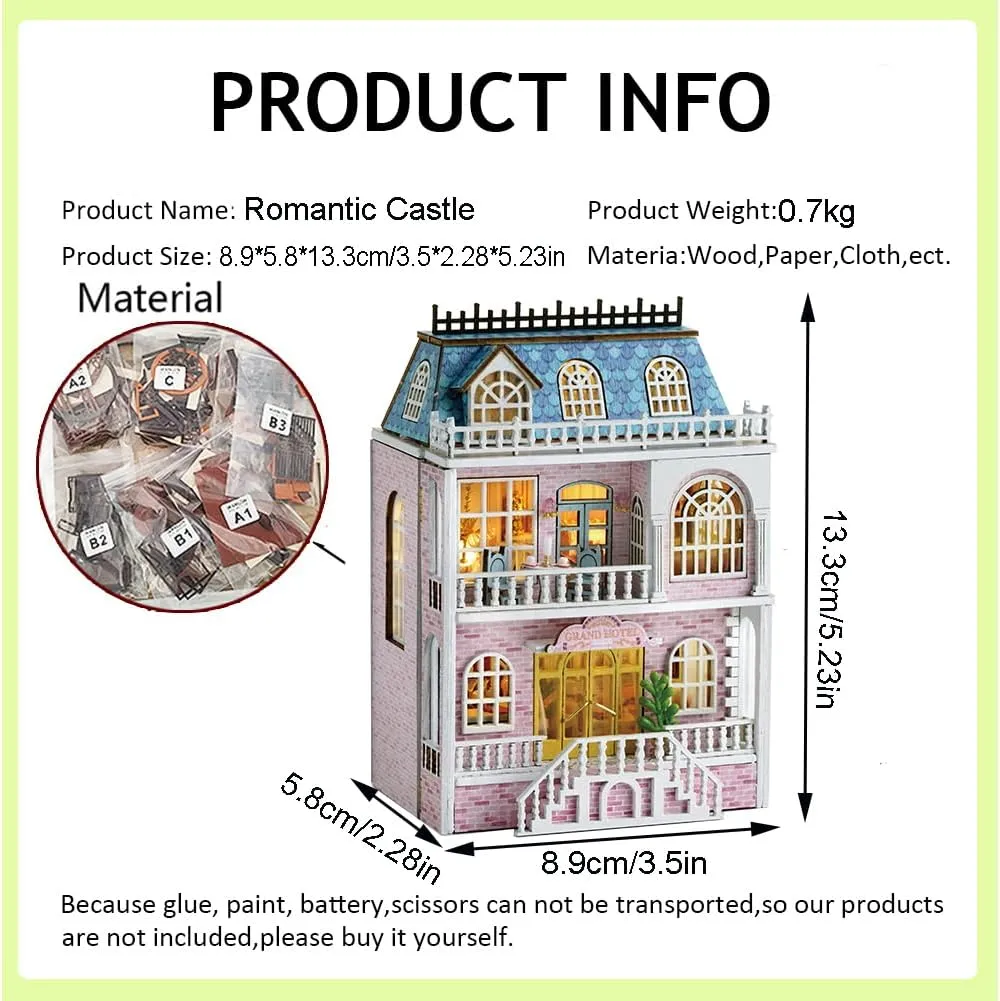 DIY Miniature Wooden Dollhouse Furniture Kit,Mini Handmade Doll House with LED,1:24 Scale Creative Woodcrafts Toys for Adult Friend Lover Birthday Gift (Romantic Castle)