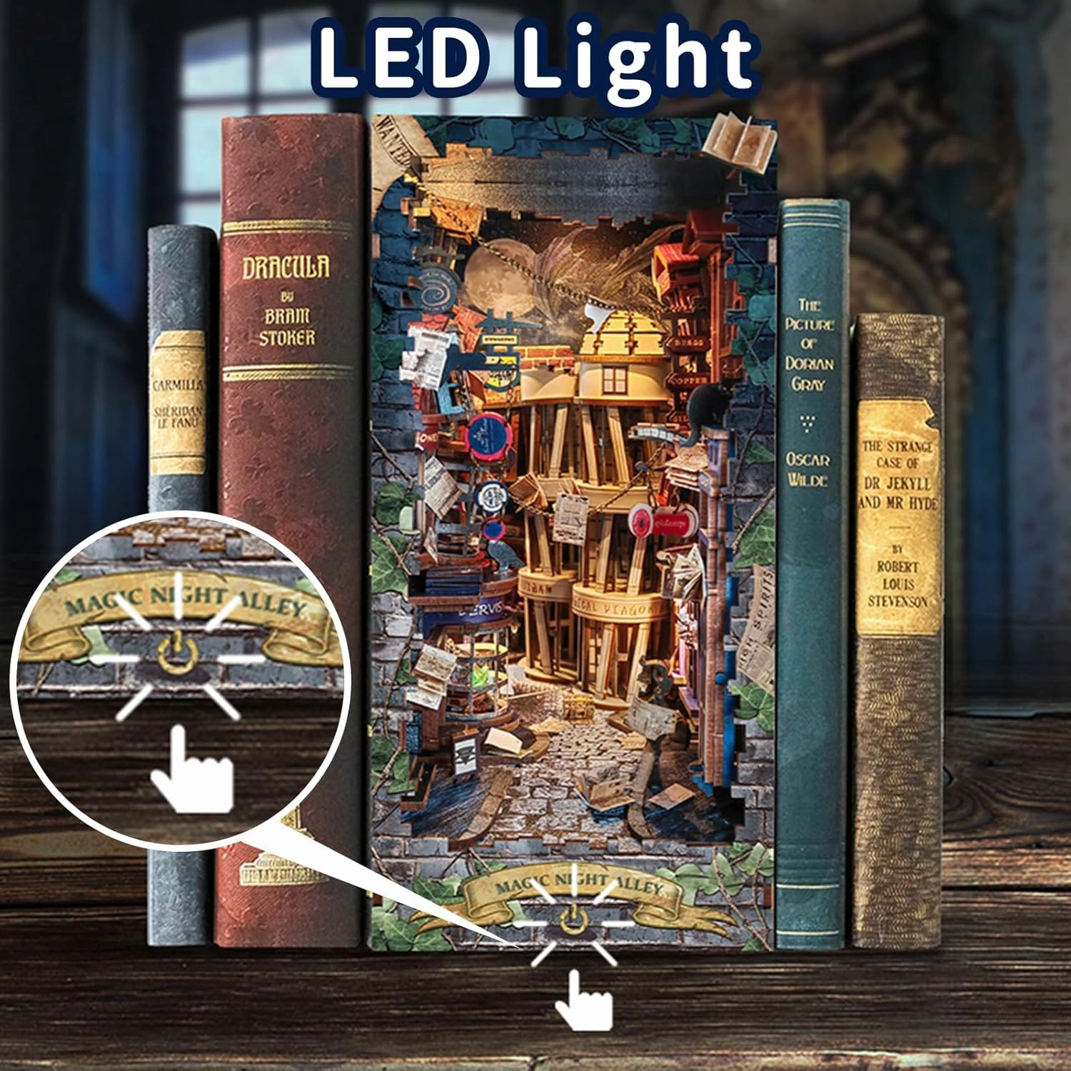 DIY Book Nook Kit,Dollhouse Booknook Bookshelf Insert Decor,3D Wooden Puzzles with LED Dust Cover,Book Nook Miniature Kit,Birthday Halloween Home Decor for Teen Adult-Magic Night Alley