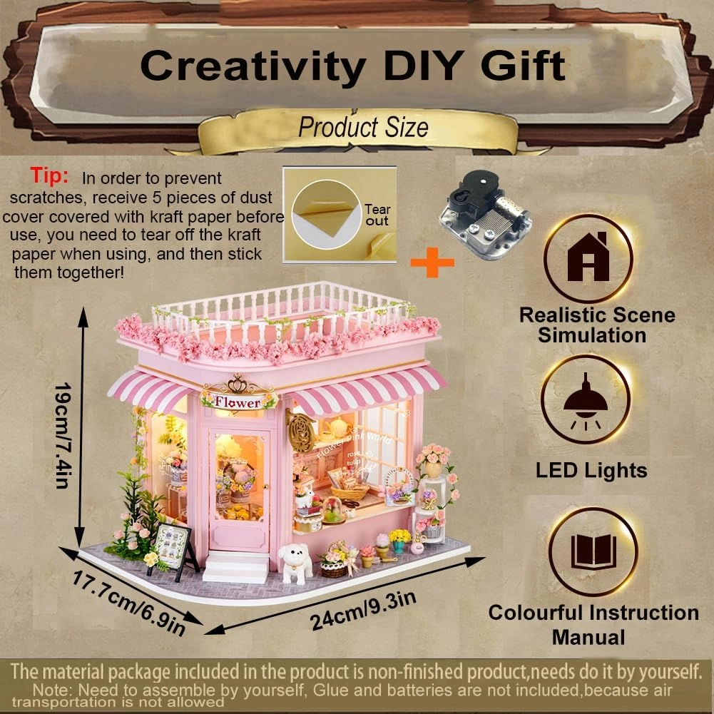 DIY Miniature Dollhouse Kit, Miniature Shop Book Nook 3D Wooden Puzzle Miniature House Craft Kits for Adults/Teen (Colorful Flower Shop)
