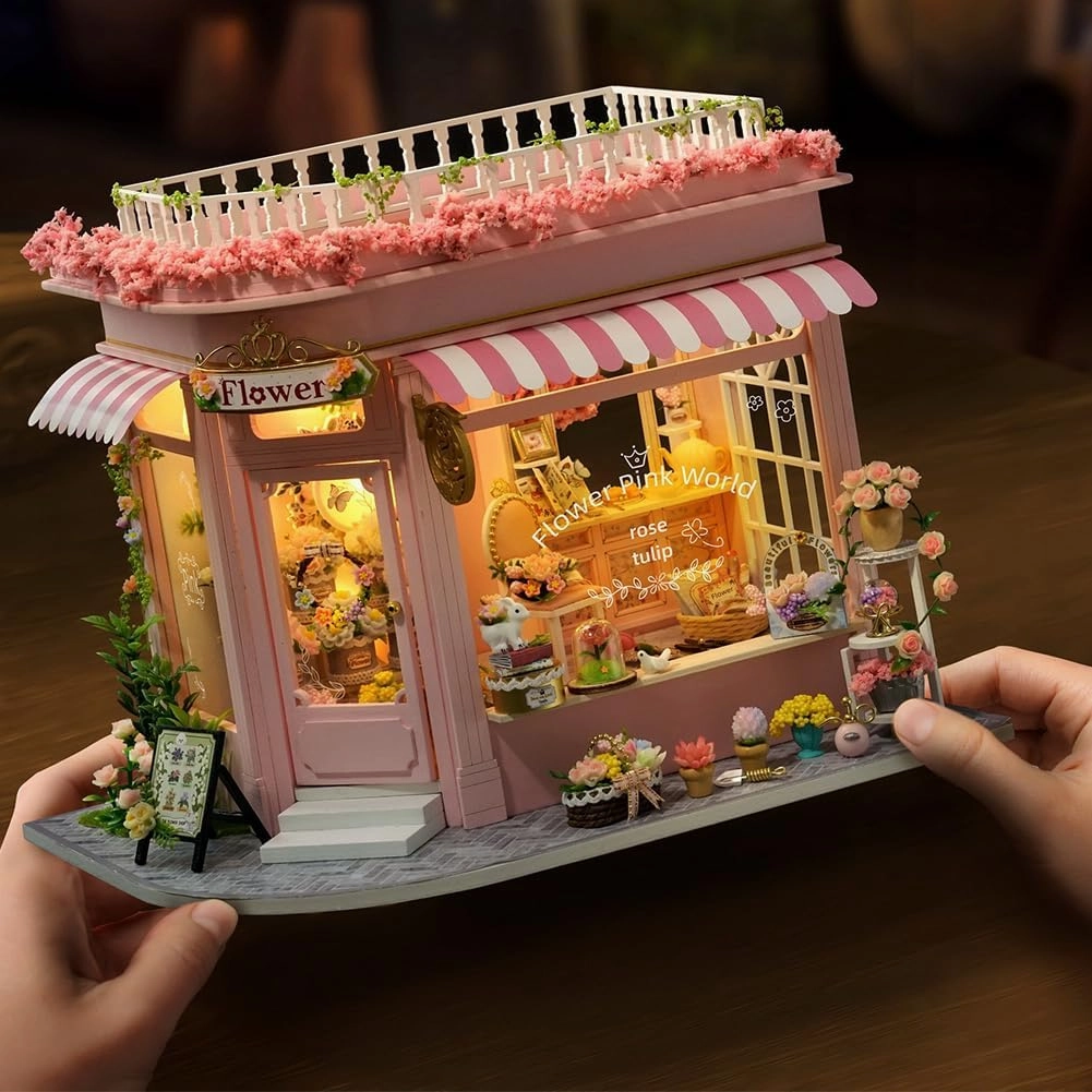 DIY Miniature Dollhouse Kit, Miniature Shop Book Nook 3D Wooden Puzzle Miniature House Craft Kits for Adults/Teen (Colorful Flower Shop)