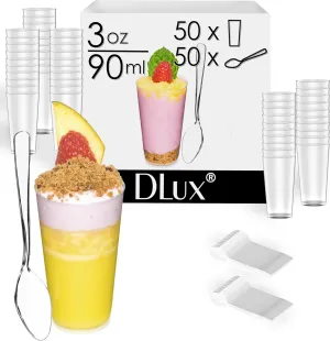 DLux 50 x 3 oz Mini Dessert Cups with Spoons, Shooter - Clear Plastic Parfait Appetizer Cup - Small Reusable Shot Glass for Tasting Party Shooters Desserts Appetizers - With Recipe Ebook