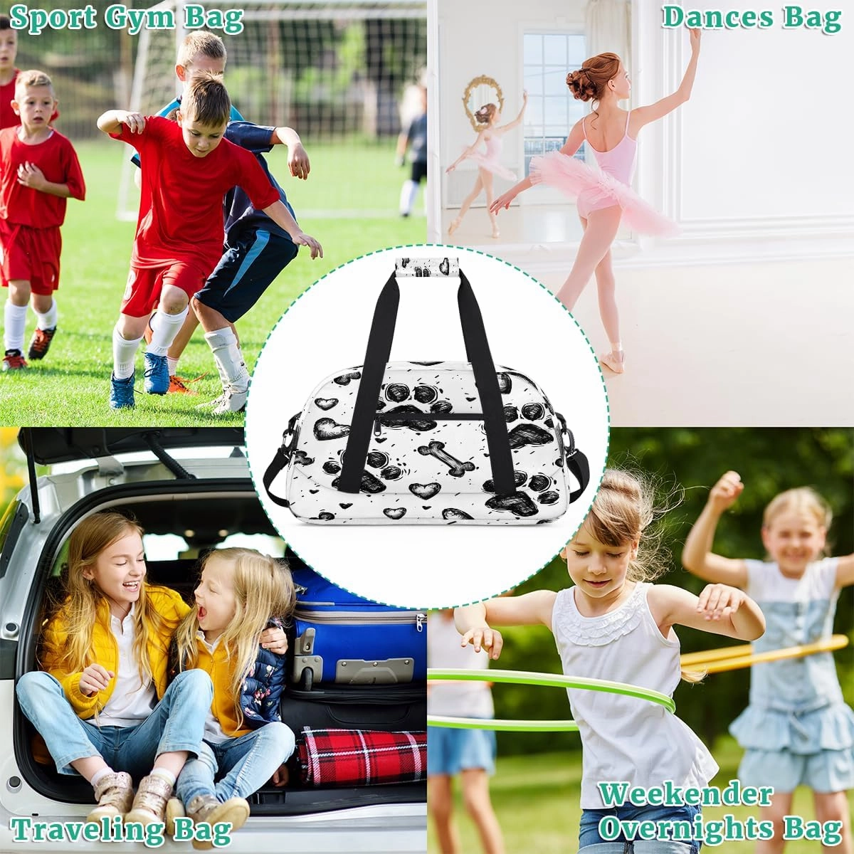 Dog Bones Paws Love Heart Kids Overnighter Duffel Bags for Boys, Carry-On Size Sports Gym Bag with Front Zipper Pocket for School Practice or Overnight Travel Weekender Sleepover Tote Bag