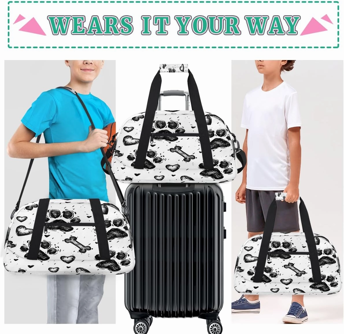 Dog Bones Paws Love Heart Kids Overnighter Duffel Bags for Boys, Carry-On Size Sports Gym Bag with Front Zipper Pocket for School Practice or Overnight Travel Weekender Sleepover Tote Bag