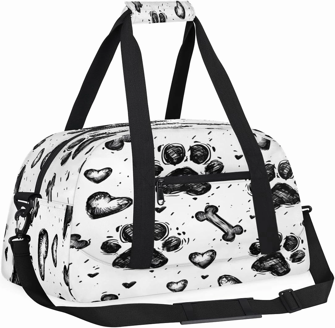Dog Bones Paws Love Heart Kids Overnighter Duffel Bags for Boys, Carry-On Size Sports Gym Bag with Front Zipper Pocket for School Practice or Overnight Travel Weekender Sleepover Tote Bag
