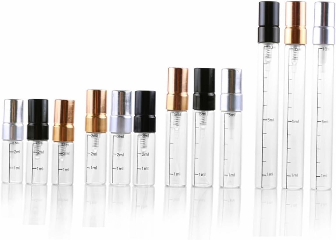 DOITOOL 18pcs Scale Spray Bottle Empty Glass Makeup and Perfume Dispenser for Travel Includes Silver Black Styles Fine Mist Spray for Skincare and Liquids