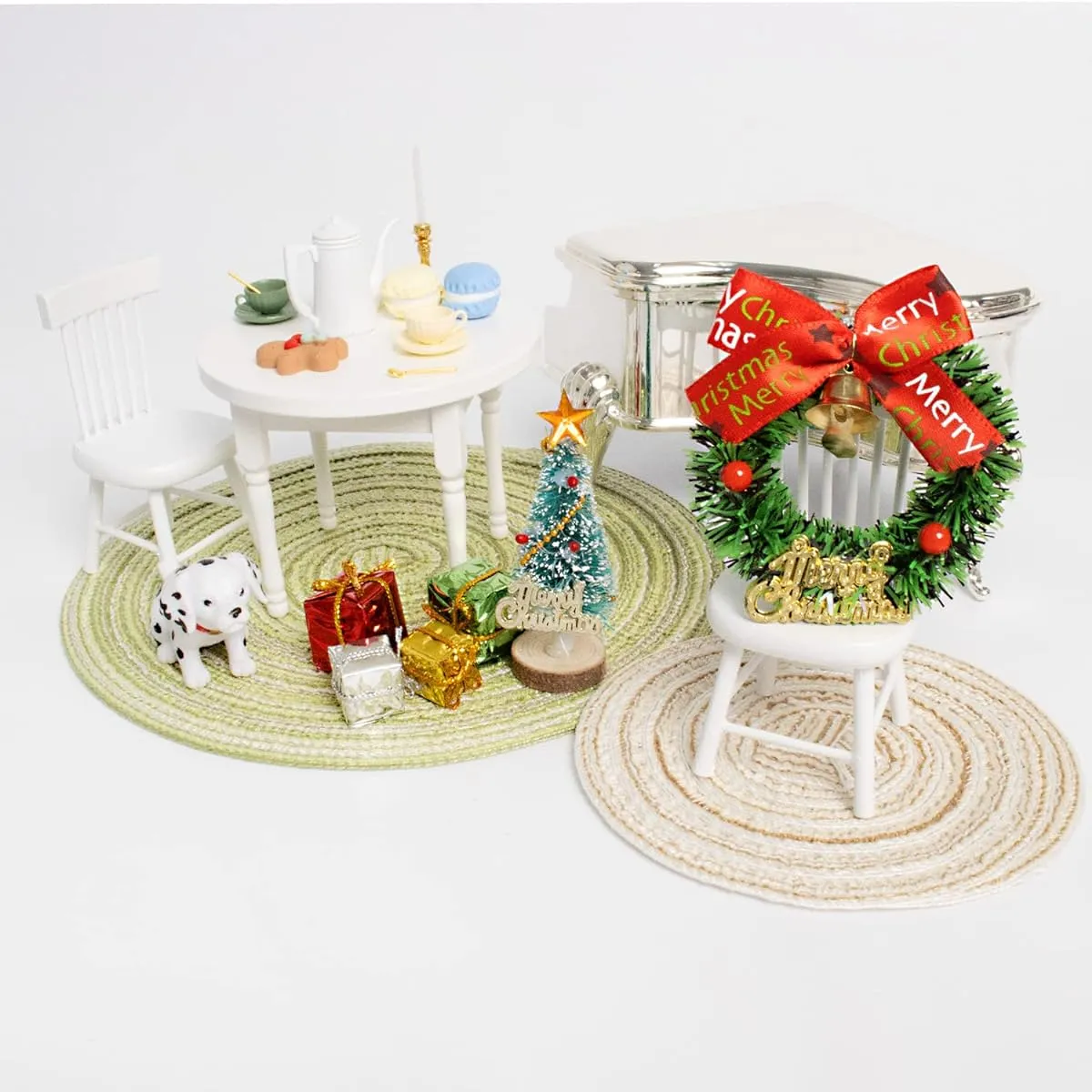 Dollhouse 12" and 7.5" Diameter Miniature Woven Round & Square Rugs Miniature Carpet for Mini House Decoration 8 Pieces