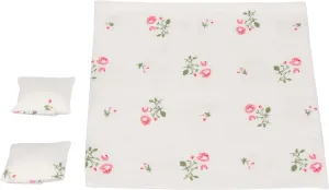 Dollhouse Bedding, 3 Piece Set with Comforter & Pillows, Blanket, Realistic Bedroom Accessories for 6 inch Dolls, 1/12 Scale, White and Colorful Flowers
