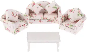 Dollhouse Furniture Set 3 Pcs 1:12 Dollhouse Miniature Wooden Sofa Cushions Armchair Pillow Kit Dolls House Furniture Couch with 1 Pc Dollhouse Teatable Coffee Table (A)