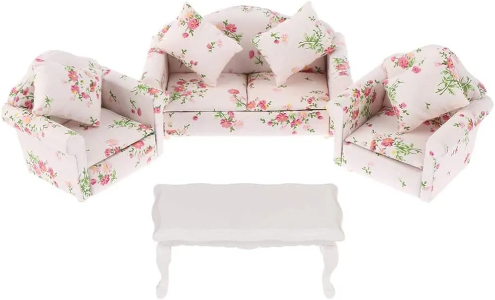 Dollhouse Furniture Set 3 Pcs 1:12 Dollhouse Miniature Wooden Sofa Cushions Armchair Pillow Kit Dolls House Furniture Couch with 1 Pc Dollhouse Teatable Coffee Table (A)