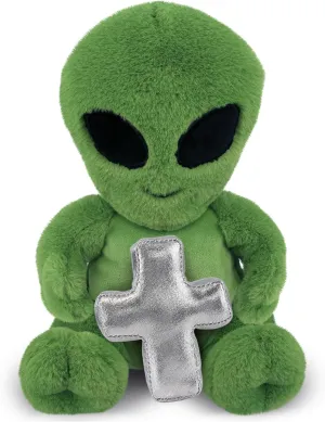 DolliBu Alien Stuffed Animal with Silver Cross and Personalization - Religious Baptism Gifts for Boys and Girls, Dedication Christening Gifts Plush Prayer Toy Healing Teddy Bear - 11 Inches