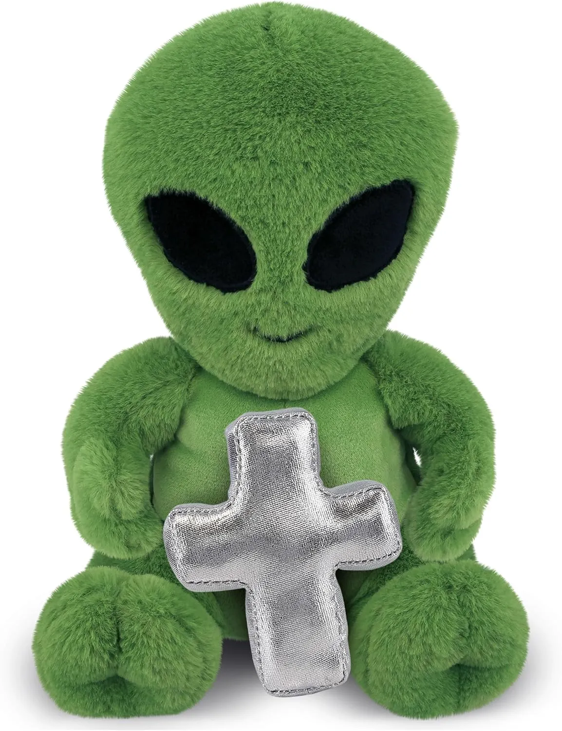 DolliBu Alien Stuffed Animal with Silver Cross and Personalization - Religious Baptism Gifts for Boys and Girls, Dedication Christening Gifts Plush Prayer Toy Healing Teddy Bear - 11 Inches