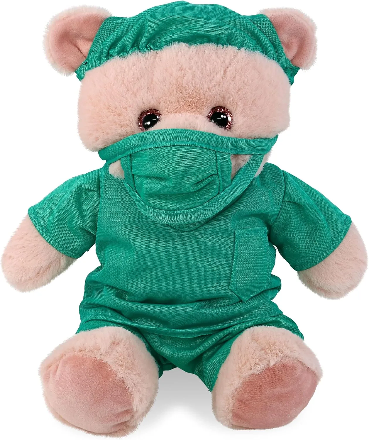 DolliBu Baby Pink Bear Doctor Plush Toy - Super Soft Bear Doctor Stuffed Animal Dress Up with Cute Scrub Uniform and Cap Outfit - Fluffy Doctor Toy Plush Gift with Personalization - 8 Inches