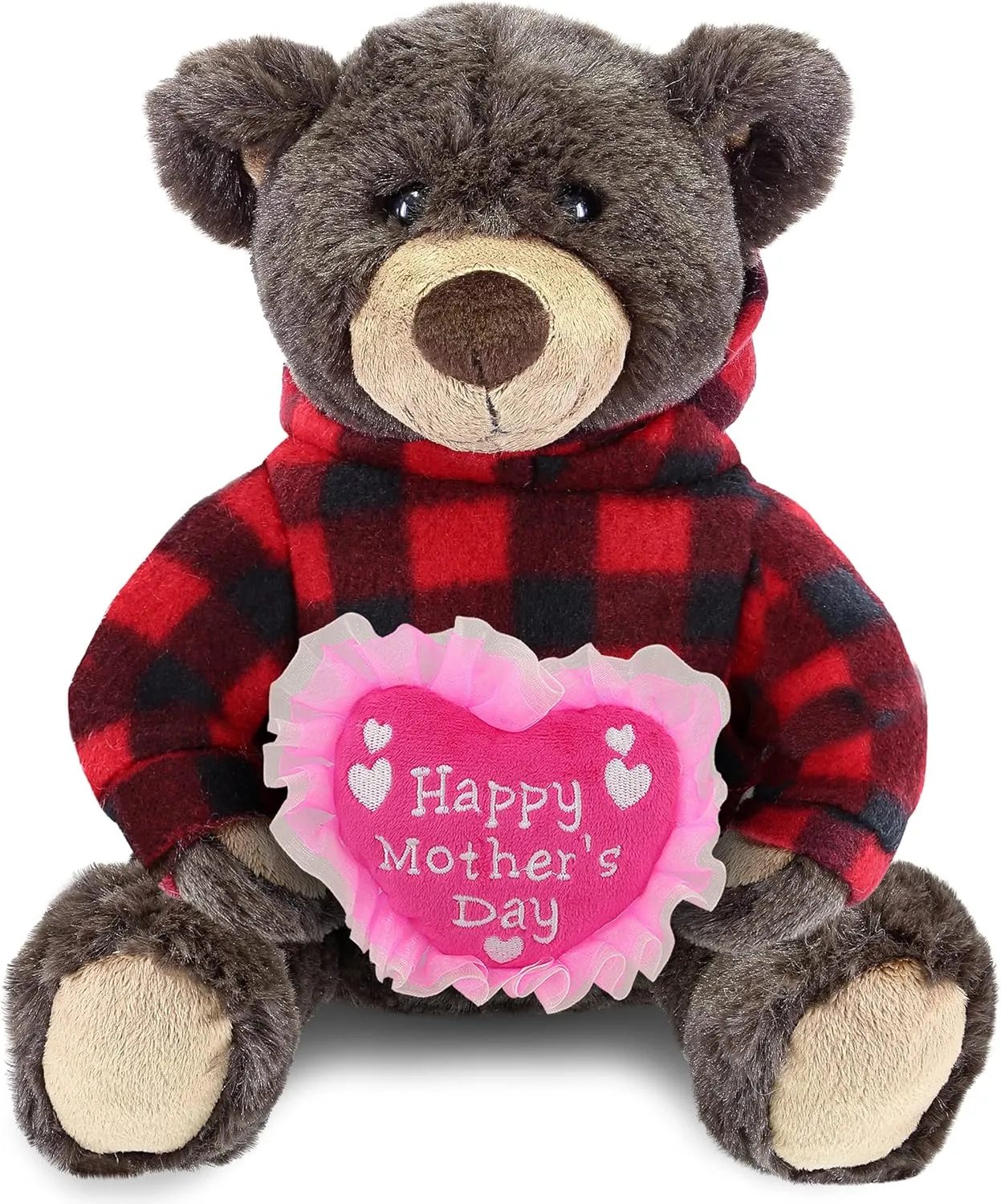DolliBu Happy Mother's Day Super Soft Plush Brown Bear with Red Plaid Hoodie - Cute Stuffed Animal with Pink Heart Message for Best Mommy, Grandma, Wife, Daughter - 10 Inches